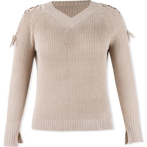 Neatie kiddie Solid Khaki Fashion V-neck Loose Casual Sweater Women Clothes Patchwork Cross Shoulder Pullovers Jumper Female