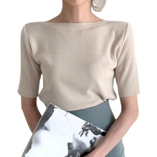 New Summer Women Tshirts Elegant Korean Office Lady Thin Slim Knit Solid Tops Slash Neck Women CLothes Spring Autumn