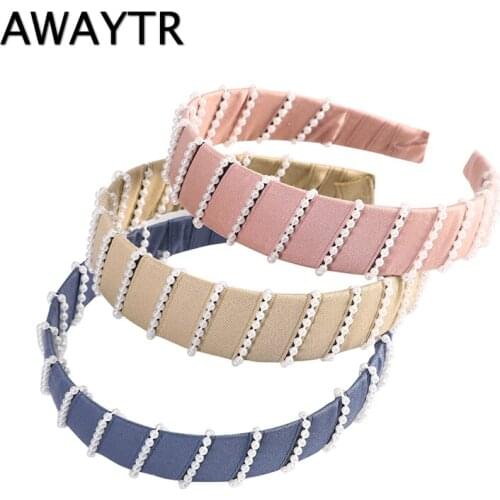 AWAYTR Wide Pearl Hairbands For Women Fashion Bezel Hair Hoop Headwear Solid Color Rhinestone HeadbandHair Accessories