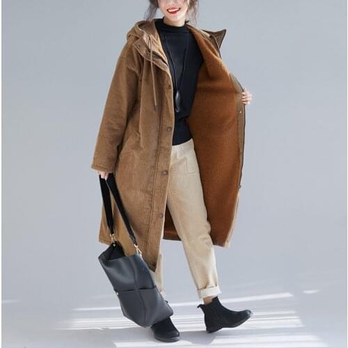 Lamb wool coat women winter mid-length over-knee corduroy padded coat loose hooded plus size cotton coat women Parkas