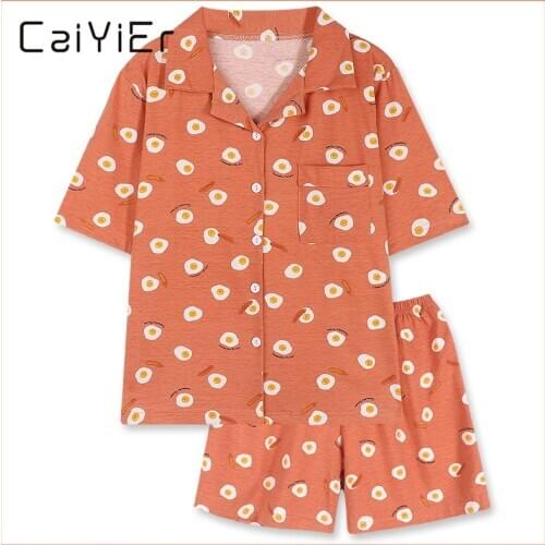 CAIYIER Korea Cute Egg Cotton Pajamas Set Women Summer Cardigan Short Sleeves + Shorts Sleepwear Girls Lingerie Loose Loung Wear