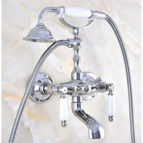 Polished Chrome Brass Double Ceramic Handles Wall Mounted Bathroom Clawfoot Bathtub Tub Faucet Mixer Tap w/Hand Shower atf874
