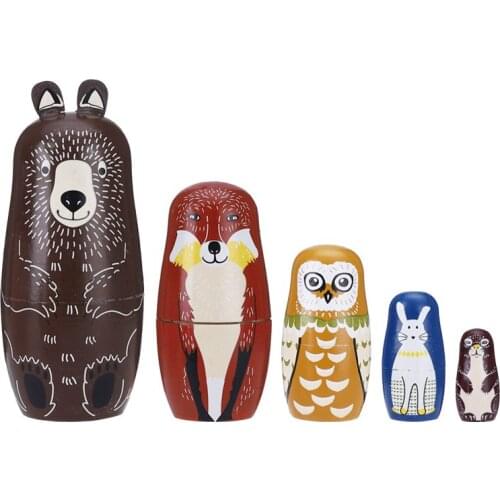 5 Layers Matryoshka Wood Russian Nesting Doll Cartoon Animals Bear Fox Owl Baby Toys for Kids Birthday Gifts Home Decoration