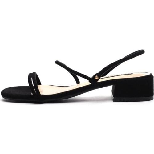 Women Sandals High Heels Summer Brand Woman Pumps Flock Slip On 3.5CM Thick High Heels Round Toe Shallow Back Strap black pink