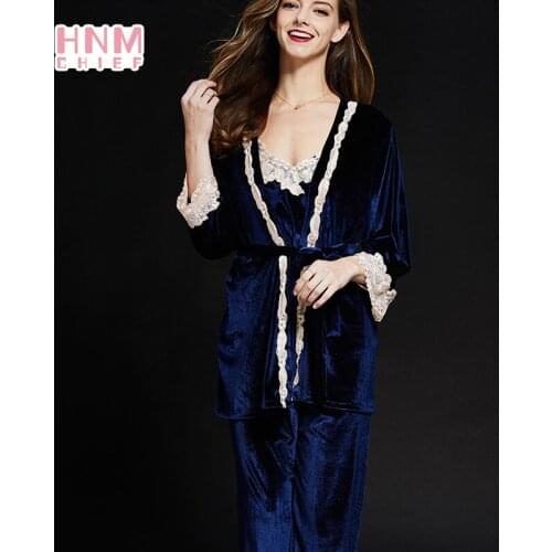 HNMCHIEF Blue Winter Pajamas Sets Sexy Lace Nightwear Suit Intimate Lingerie Women Velour Sleep Set 3PCS Kimono Robe Soft