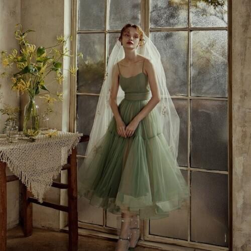 Light Green A-Line Spaghetti Straps Jewel Ankle-Length Bridesmaid Dresses Ruffles Dew Shoulder Spaghetti Straps Backless Gown