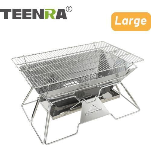 TEENRA Large Stainless Steel BBQ Grill Foldable Barbecue Grill Portable Outdoor Camping Cooking Tools