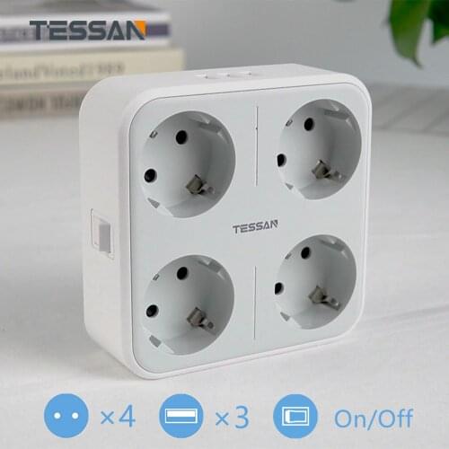 TESSAN Electrical Socket EU Plug Extension Power Strip 1 2 3 4 AC with 3 USB Multiple Socket Wall Adapter for Smart Phone Tablet