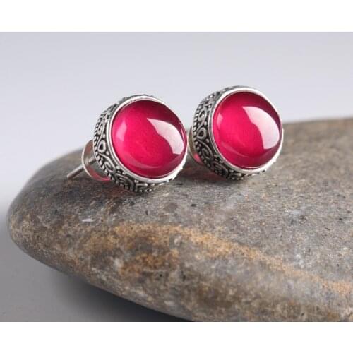 T S925 decorated silver earrings female Thai silver jewelry red corundum Black Earrings