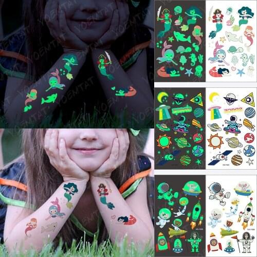 Waterproof Temporary Tattoo Sticker Luminous Children Pirate Mermaid Whale Universe Glowing Tatoo Kids Arm Dream Art Fake Tatto