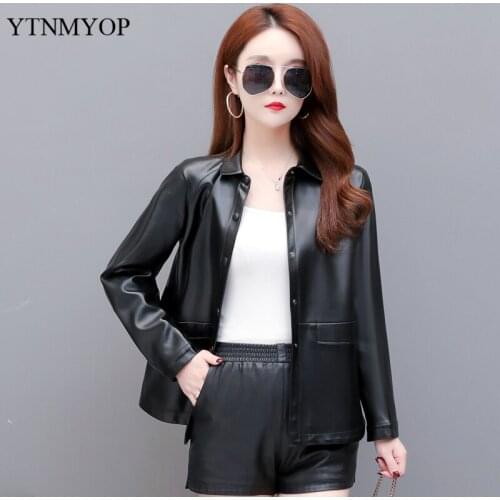 YTNMYOP Office Lady Spring Coat Women High Quality Leather Jacket Female Single Breasted Button Autumn Clothing Have Pockets 5XL
