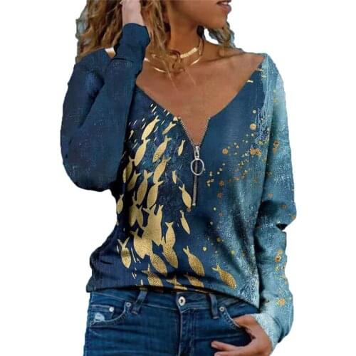 Vintage Elegant Blouse Woman 2021 Autumn Fashion Sexy Zipper V Neck Long Sleeve Ladies Print Pullover Casual Shirt Loose Tops