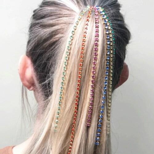 Beads Wig Extension Chain Fashion Personality Head Chain Rhinestone Long Tassel Colorful Crystal Women Clip Hair Accessories