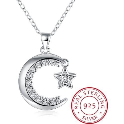 New Arrival Fashion 925 Sterling Silver Moon and Star Tales Chain Link Pendant Necklaces for Women Fine Jewelry SCN108