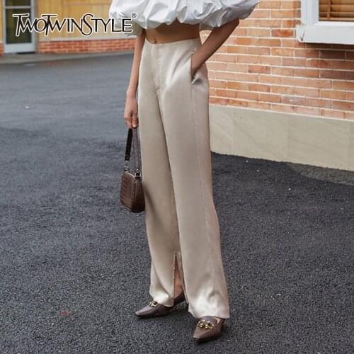 TWOTWINSTYLE Casual Loose Women Full Length Pants High Waist Side Split Casual Long Wide Leg Pant For Female Fashion Clothes New
