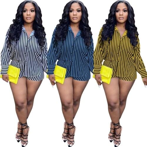 Casaul Women Shirt Two Piece Set Striped Full Sleeve Shirt And Short Pants Tracksuit Streetwear Autumn Office Lady Clothes