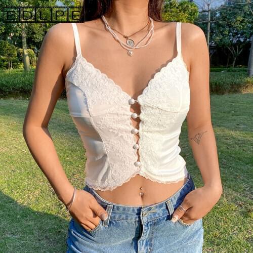 Ins Sexy V-neck Thin Button Lace Stitching Suspender Bottomed Crop Top Women Y2k Fashion Cute Unif Steetwear