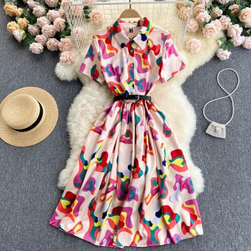 Europe Fashion 2021 Summer Womens Turn Down Collar Short Sleeve Colorful Print Dress With Belt Female Dresses Vestidos