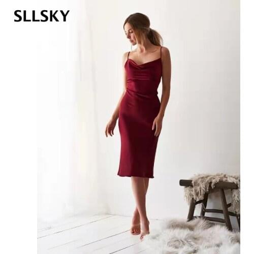 Sllsky Silk Sling Women Dress 2021 Summer New Sexy Sleeveless Solid Color Skinny Side Split Robe Female Evening Night Dress