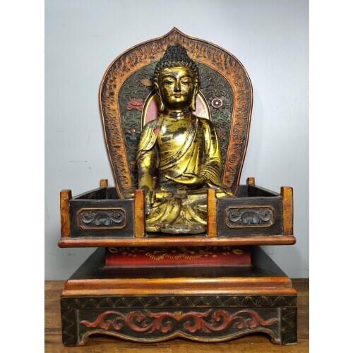 19" Tibet Buddhism Temple Old Bronze Gilt Painted Statue of Shakyamuni Buddha Old lacquer Buddhist altar Enshrine the Buddha