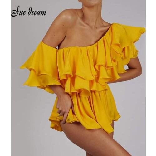 2021 New Fashion Sexy One Shoulder Jumpsuits Women Elegant Ruffles Solid Jumpsuit Women Summer Fold Jumpsuits Ladies