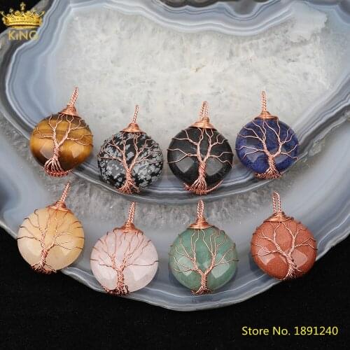 5pcs 25X37mm Tree of Life Crystal Stone Pendant,Rose Gold Wire Wrapped Sodalite Stone Round Charms For Jewelry Making DSS-255KBH