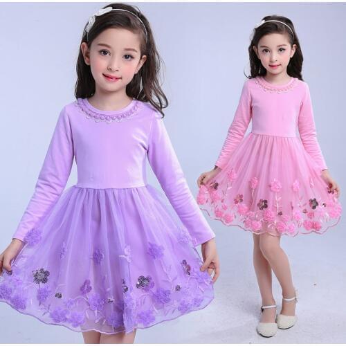 Spring Autumn Girls dress Beads embroidered Lace Kids princess dress beautiful Girls party dress Long sleeve O-Neck 3-9years