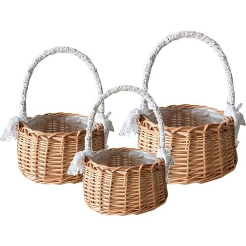 Rustic Rattan Storage Basket Easter Basket Lace Bow Decoration Wedding Flower Arrangement Box