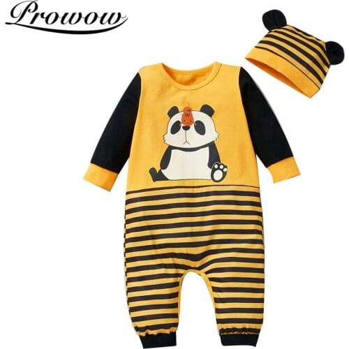 Prowow Cartoon Panda Newborn Overalls Summer Baby Romper Stripe Infant Boy Costume For Babies Patchwork Childrens Jumpsuit Soft