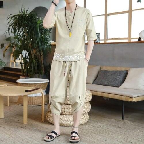 Chinese Style Men Shirt Trousers Set Traditional Costumes Tang Suit V-Neck Loose T-Shirt Tees Wide Leg Jogger Pants Suit 30093