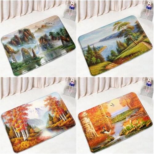 Forest Oil Painting Scenery Bath Mats Red Maple Leaf Natural Landscape Home Entrance Door Rug Bathroom Non-slip Floor Mat Decor