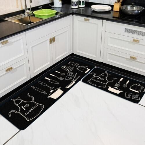 Kitchen Carpet Non-Slip Machine Washable Durable Entrance Doormat Black Cooking Tool Print Bath Hallway Dirt-Resistant Floor Mat