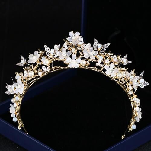 Newest Baroque Crown Hairband Butterfly Flower Tiaras Bride Hair Accessories Crown Flowers Pearl Headdress Wedding Headbands
