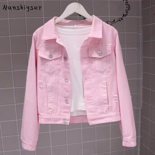 Harajuku Autumn Plus size Slim Hole Denim Jacket Coat Women Korean Short Pink Outwear Fashion Jeans Jacket Female Ropa de mujer