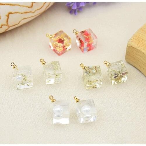 10Pcs 10*10MM 3D Square Dried Flowers Limitation Pearls Charms For DIY Making Earrings Necklace Jewelry Accessories
