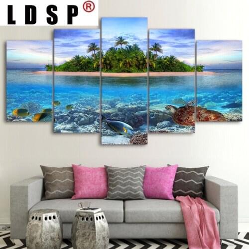 LDSP Canvas Paintings Posters Prints 5 Pieces Marine Life Tropical Island Sea Turtle Fish Palm Trees Wall Art Picture Home Decor