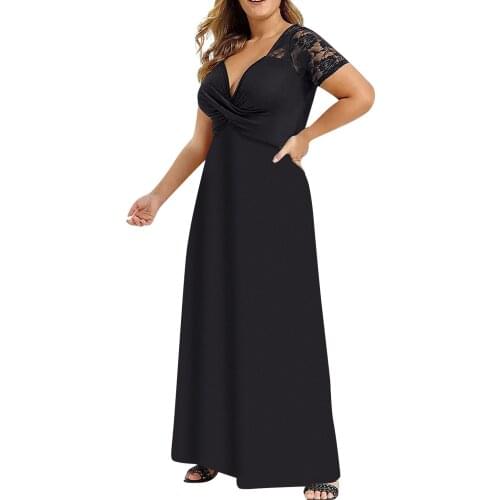 Plus size Women Dresses Summer 2021 Womens Fashion Solid Short Short Sleeve Lace Ankle-length V-neck Party Dress Vestidos Mujer