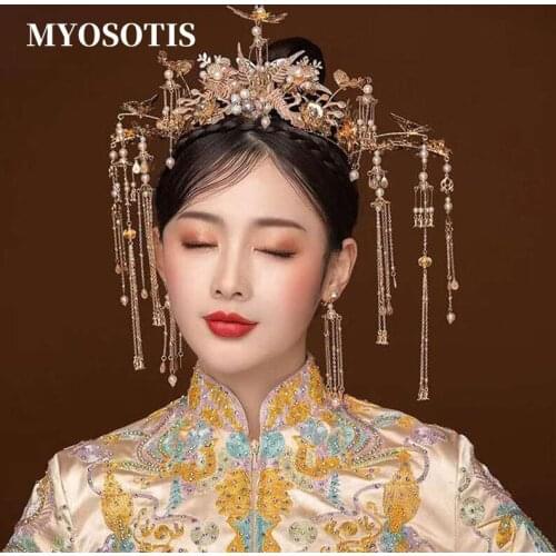 Luxury Chinese Bridal Headpiece Costume Headdress Ancient Gold Tassel Women Wedding Jewelry Hair Accessories