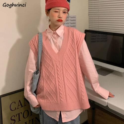 Sweater Vest Women Solid V-Neck Loose Casual Pink Sweet Lovely Students Friends Trendy Twist All-match Ulzzang Female Knitted