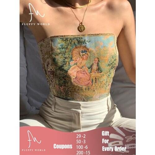 Slim Pattern Printing Women Corset Crop Top Vintage Y2K Off-Shoulder Bandage Strapless Tank Top Party Streetwear Vest Summer