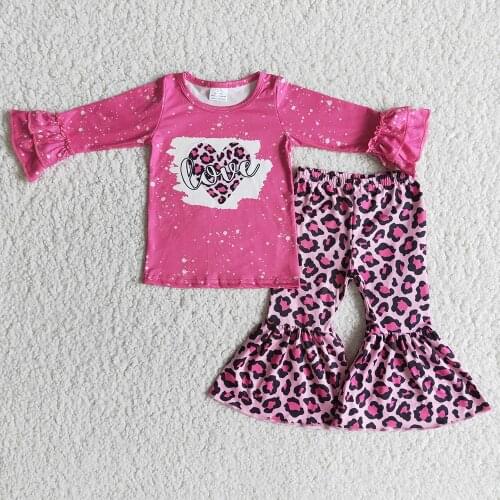 High Quality Kids Toddler Heart Pattern Clothes Girls Rose Red Top Leopard Bells Set Children Valentines Day Outfit