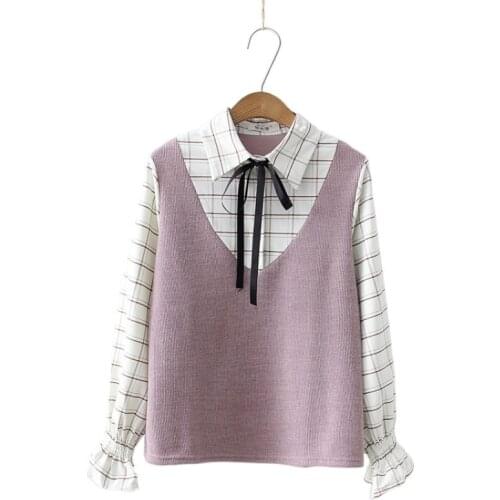 Plaid Patchwork Women Fake Two Pieces Blouse 2021 Autumn Long Sleeve Turndown Collar Lace Up Korean Fashion Female Sweet Tops