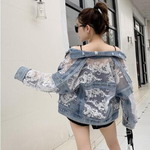 High Quality 2020 New fashion Joker Lace Stitching Perspective loose denim jacket Long Sleeve Large Size Ladies denim coat