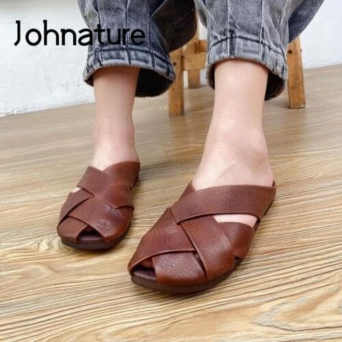 Johnature Shoes Women Slippers Genuine Leather Summer 2021 New Outside Slides Flat With Leisure Handmade Concise Ladies Slippers