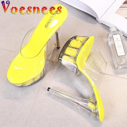 Voesnees Slippers Woman 2021 Rose Tremble Mules Slides Transparent Sandals Large Size Flower Platform Crystal heel 15cm Shoes