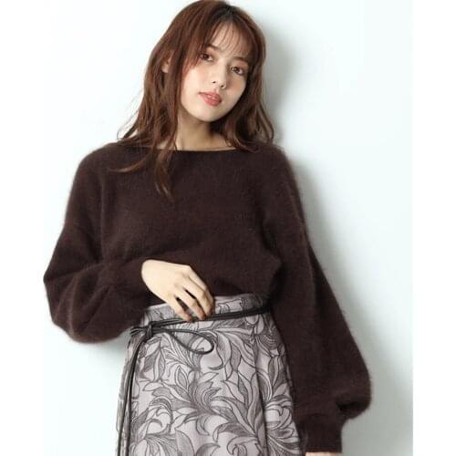 2021 Winter New Bat Sleeve Angora Big Lantern Sleeve Womens Loose 100% Mink Cashmere Sweater Fluffy Soft Pullover JNS039