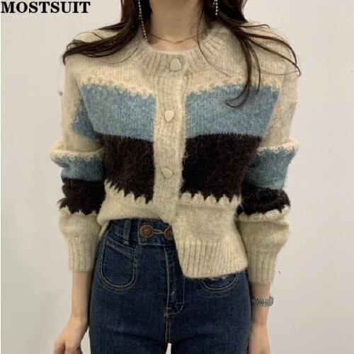 Chic Vintage Striped Knitted Cardigan Sweater Women Full Sleeve Single-breasted Jumpers Korean Fashion Female Coat Tops 2021
