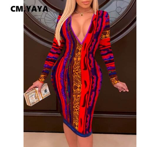 CM.YAYA Women Tie Dye Striped Print Deep V-neck Long Sleeve Bodycon Midi Dress Elegant Sexy Club Party Night Dresses fall winter