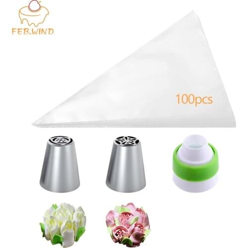 100 Pcs Disposable Icing Piping Bags With Russian Tulip Icing Piping Tips/Nozzles Frosting Bags Cake Decorating Tools 055