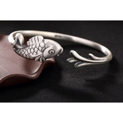 2018 Armbanden Voor Vrouwen Authenic Retro 990 Sterling Bangles For Women Lucky Fish Vintage Jewelry Female Handmade Opening
